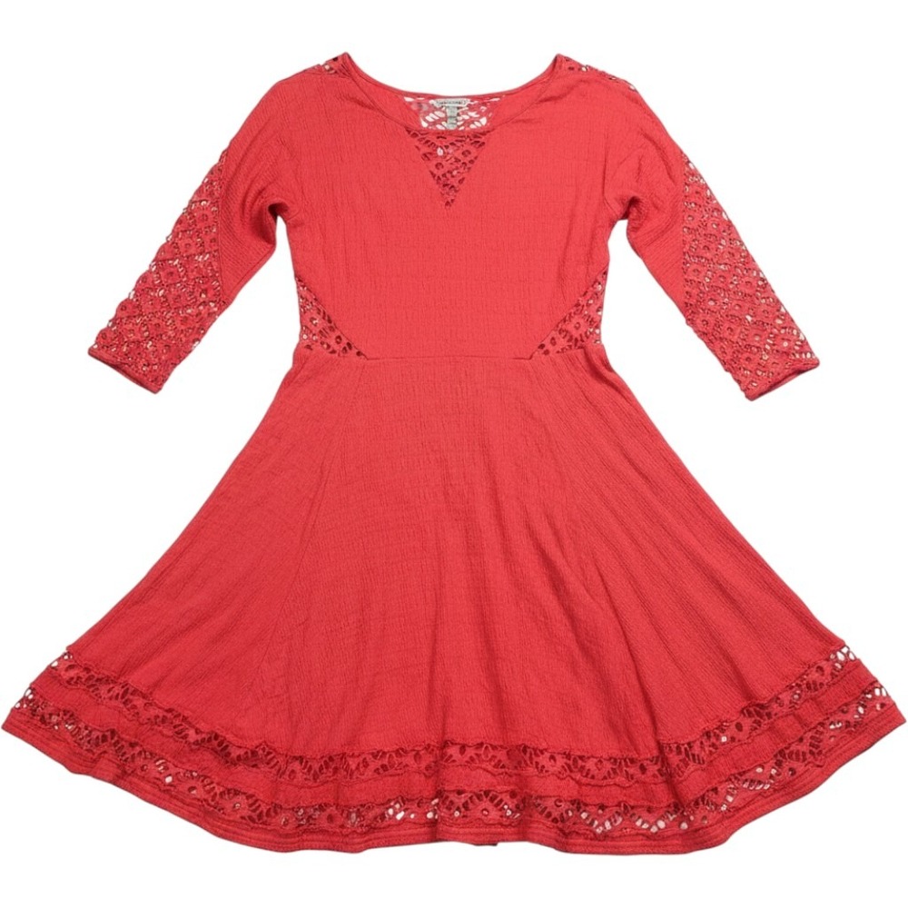 Free People Crochet Lace Mini Dress Coral Red Fit Flare 3/4 Sleeve Size SP